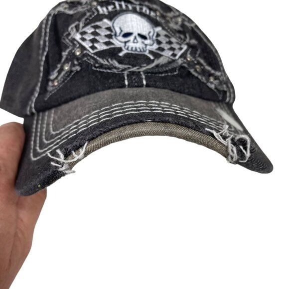 Aslan Black Distressed Embroidered “Hellrider” Scull Adjustable Baseball Hat - Picture 3 of 10